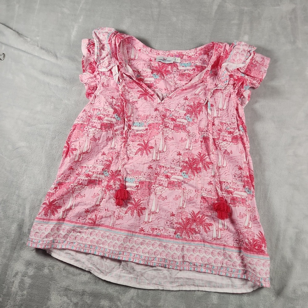 Vineyard Vines Pink Bermuda Beach Scene Linen Ruffle Sleeve Top Small Preppy